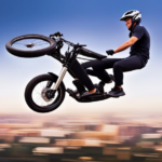 An image capturing the exhilarating moment of a rider soaring through the air on a Jump electric bike, effortlessly maneuvering over a ramp, with a backdrop of a vibrant urban landscape