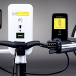 An image showcasing a person connecting an electric bike charger to a power outlet, with close-ups of the charger's display showing voltage and charging status, and a bike battery being plugged in