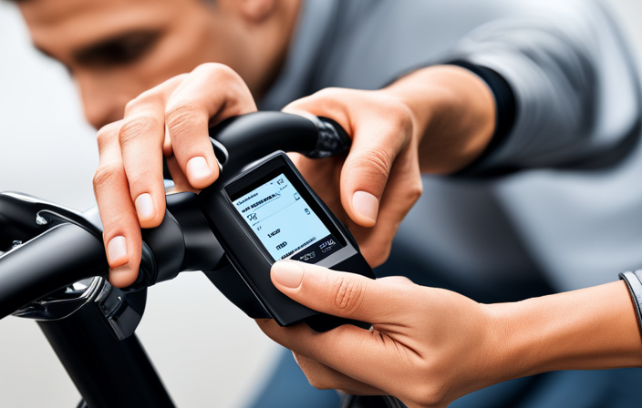 An image showcasing a close-up shot of skilled hands delicately twisting the adjustment dial on an electric bike controller