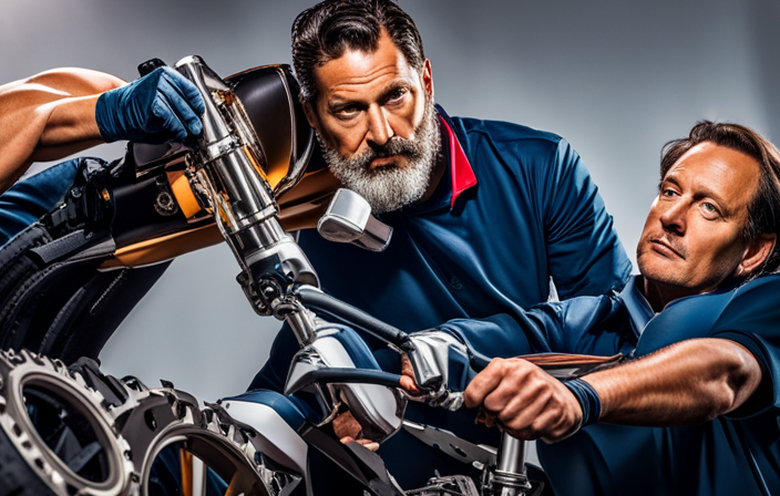 An image of an expert mechanic meticulously cleaning an electric bike motor, using a soft brush to remove debris, while delicately inspecting its intricate components under a bright, focused light