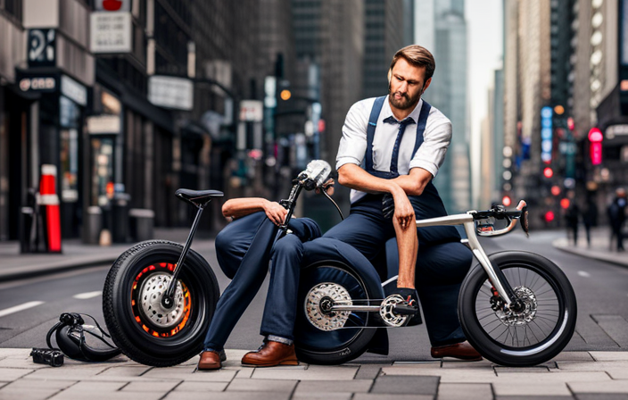 An image showcasing a person wearing work gloves, holding a wrench, squatting beside an electric bike with a flat tire