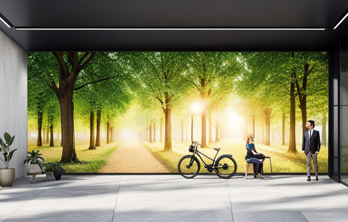 An image showcasing a bright, sunlit room with an electric bike parked next to a sleek wall-mounted charging station