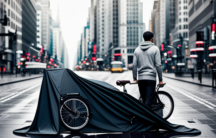 An image showcasing an electric bike parked under a sturdy, waterproof bike cover amidst a heavy downpour