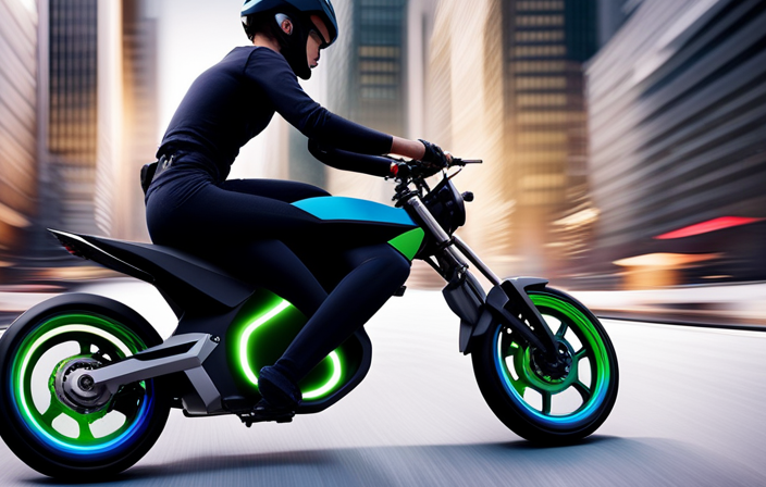 An image capturing the process of resetting an electric bike: a rider holding down the power button while simultaneously disconnecting and reconnecting the battery, with a faint green light indicating successful reset