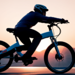 An image that captures the process of starting an electric bike: a rider wearing a helmet, pressing the power button on the bike's handlebar, while the battery indicator on the display lights up, illuminating the rider's face with excitement