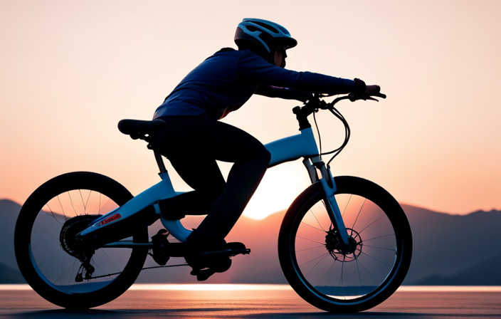 An image that captures the process of starting an electric bike: a rider wearing a helmet, pressing the power button on the bike's handlebar, while the battery indicator on the display lights up, illuminating the rider's face with excitement