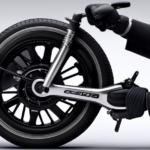 An image showcasing a person wearing gloves, holding a wrench, and removing the back wheel of an electric bike