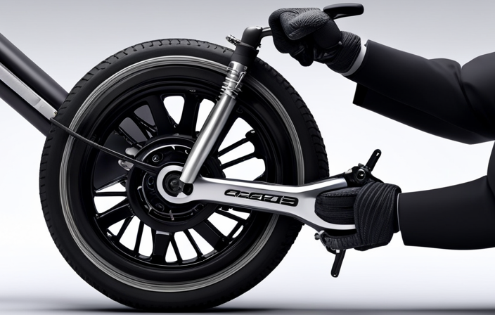 An image showcasing a person wearing gloves, holding a wrench, and removing the back wheel of an electric bike