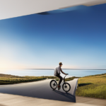 An image featuring a person in casual attire effortlessly riding an electric bike along a scenic coastal road, with a serene beach backdrop, showcasing the bike's sleek design and the rider's joyful expression