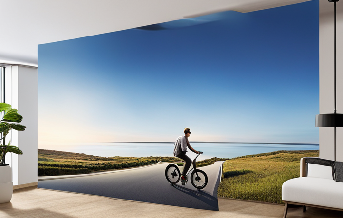 An image featuring a person in casual attire effortlessly riding an electric bike along a scenic coastal road, with a serene beach backdrop, showcasing the bike's sleek design and the rider's joyful expression