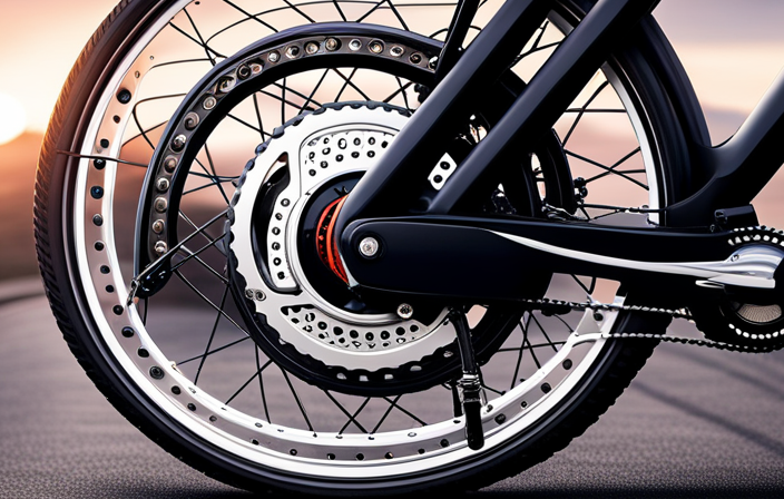 An image depicting a close-up of a bicycle chain rotating on an electric bike's rear wheel, with the motor, battery, and wires intricately visible, showcasing the inner mechanics of an electric bike