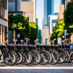 An image of a bustling city street with a row of Trek Bikes electric bikes neatly lined up, ready for rent