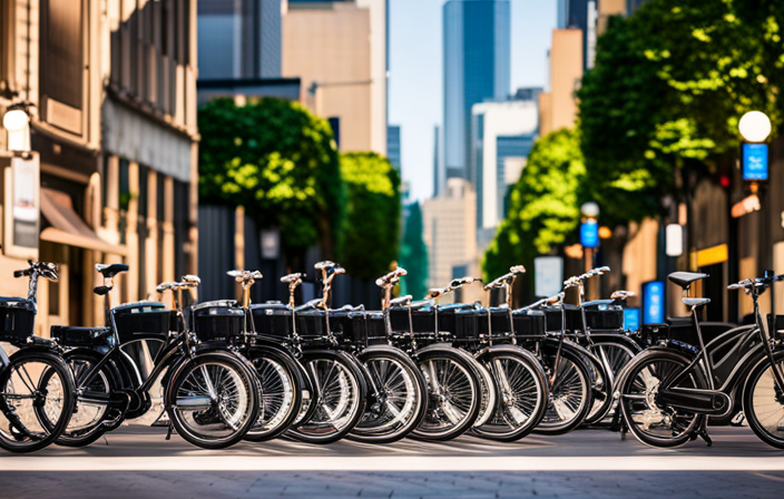 An image of a bustling city street with a row of Trek Bikes electric bikes neatly lined up, ready for rent