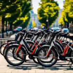 An image showcasing a busy urban street with a row of sleek, Trek electric bikes lined up in a docking station, ready for rent