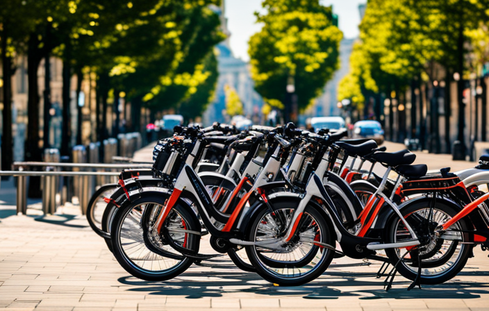 An image showcasing a busy urban street with a row of sleek, Trek electric bikes lined up in a docking station, ready for rent