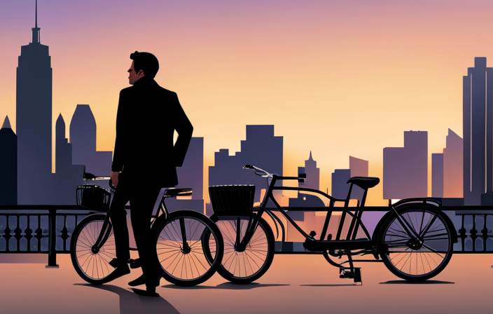 An image showcasing a crowded urban street at dusk, with a shadowy figure effortlessly lifting an unattended electric bike from a busy bike rack, blending into the bustling cityscape