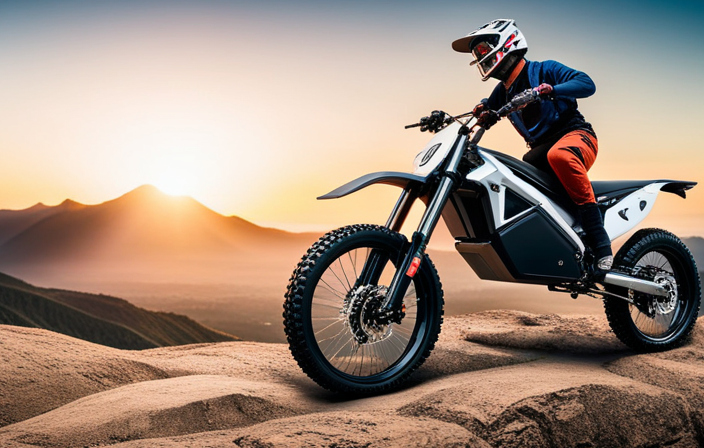 An image showcasing an electric dirt bike effortlessly maneuvering through a rugged mountain trail, its silent motor emitting zero emissions as it effortlessly conquers steep inclines and rocky terrain, leaving a trail of dust in its wake