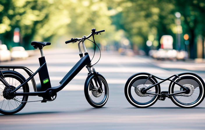 An image of a sleek, modern electric bike zooming down a tree-lined city street, with a cyclist effortlessly gliding past traffic