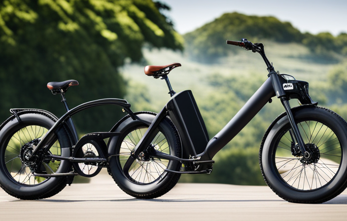 An image showcasing a sleek 36v 10ah electric bike effortlessly gliding through a scenic countryside