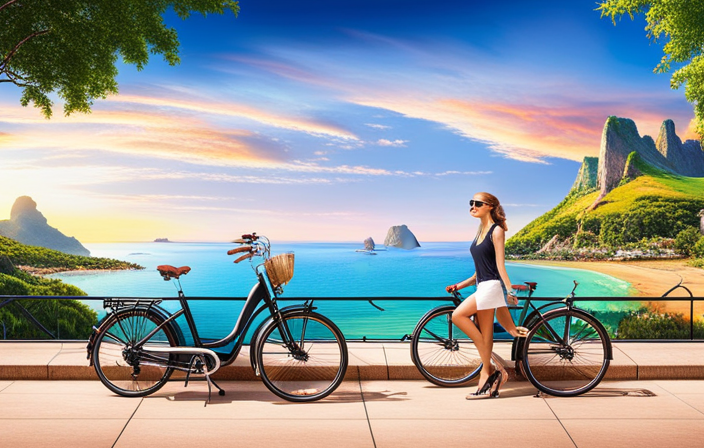 An image showcasing a sleek 250w electric bike gliding effortlessly along a scenic coastal road, surrounded by vibrant greenery and the shimmering blue ocean, emphasizing its exceptional range