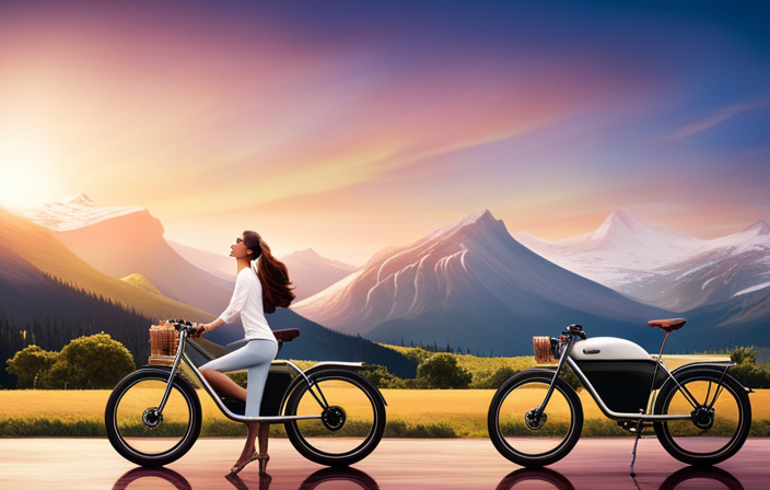 An image showcasing an electric bike gracefully cruising on a scenic road, surrounded by lush greenery and distant mountains