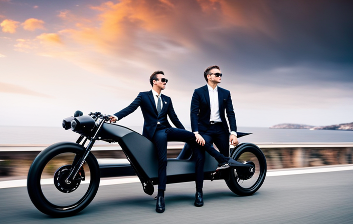 An image showcasing a sleek, black Stealth electric bike effortlessly gliding along a scenic coastal road, highlighting its powerful battery and capturing the exhilarating sense of freedom and limitless exploration it offers