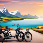 An image showcasing an electric bike cruising along a picturesque coastal road, surrounded by lush greenery and towering mountains in the distance, emphasizing the limitless potential of its battery range