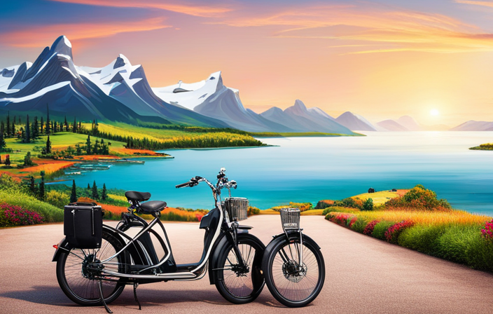 An image showcasing an electric bike cruising along a picturesque coastal road, surrounded by lush greenery and towering mountains in the distance, emphasizing the limitless potential of its battery range