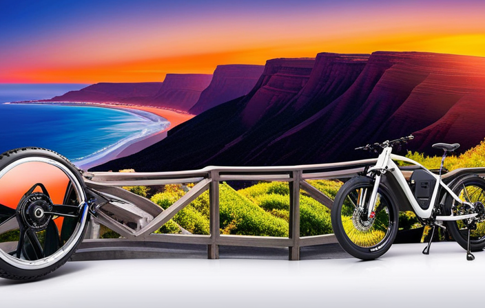 An image showcasing an electric bike zipping along a scenic coastal road, surrounded by vibrant green cliffs, crashing waves, and a breathtaking sunset, leaving viewers curious about the impressive distance it can travel