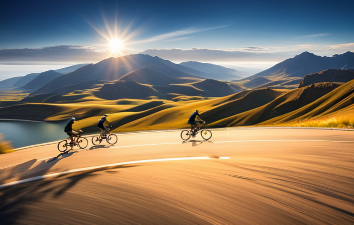 An image showcasing two cyclists riding side by side - one on an electric bike effortlessly cruising down a long, winding road, while the other on a conventional bike struggles uphill, depicting the difference in stamina and endurance between the two