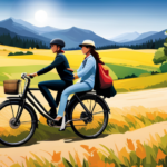 An image showcasing a serene countryside landscape, with a rider cruising on a battery electric bike