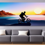 An image of a person riding an electric bike along a picturesque coastal road, with the sun setting in the background, casting a warm golden glow on the serene ocean and distant mountains
