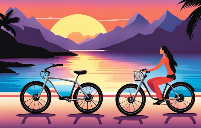 An image showcasing an electric bike gliding effortlessly along a picturesque coastal road, with rolling hills in the background and a vibrant sunset casting a warm glow on the horizon