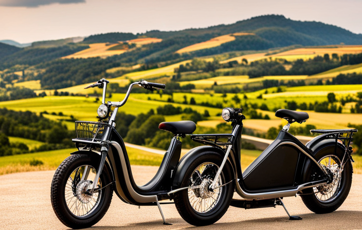 An image showcasing a picturesque countryside road winding through rolling hills, with an electric bike effortlessly gliding along, highlighting the vast distance one can explore and the freedom an electric bike offers