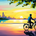 An image showcasing a serene sunrise scene with a commuter riding an electric bike along a picturesque coastal road, surrounded by lush greenery and distant cityscape, emphasizing the convenience and joy of a long-distance electric bike commute