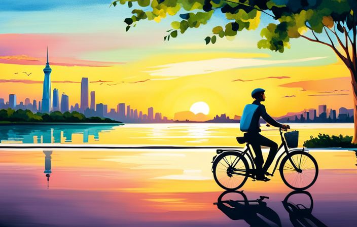 An image showcasing a serene sunrise scene with a commuter riding an electric bike along a picturesque coastal road, surrounded by lush greenery and distant cityscape, emphasizing the convenience and joy of a long-distance electric bike commute