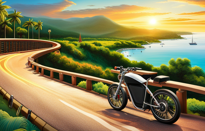 An image showcasing an electric bike gliding along a picturesque coastal road, with a lush green forest on one side and a mesmerizing sunset casting a warm glow on the horizon