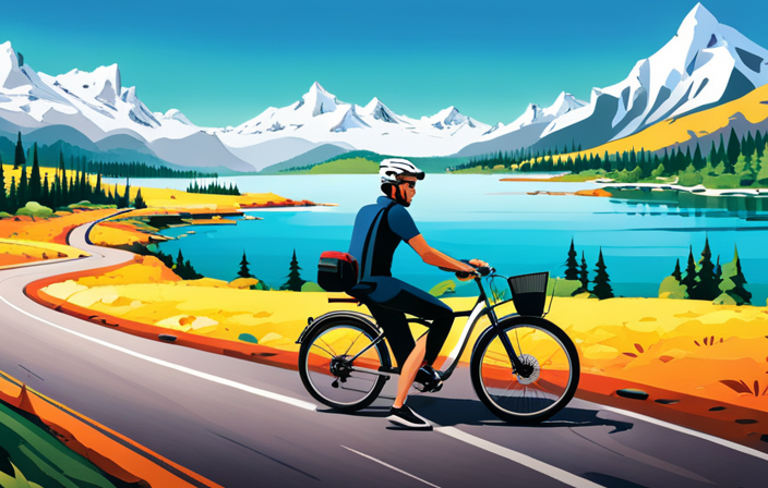 An image showcasing an electric bike effortlessly gliding along a scenic coastal road, surrounded by lush greenery and with the distant view of majestic mountains, highlighting the bike's remarkable range and ability to conquer long distances