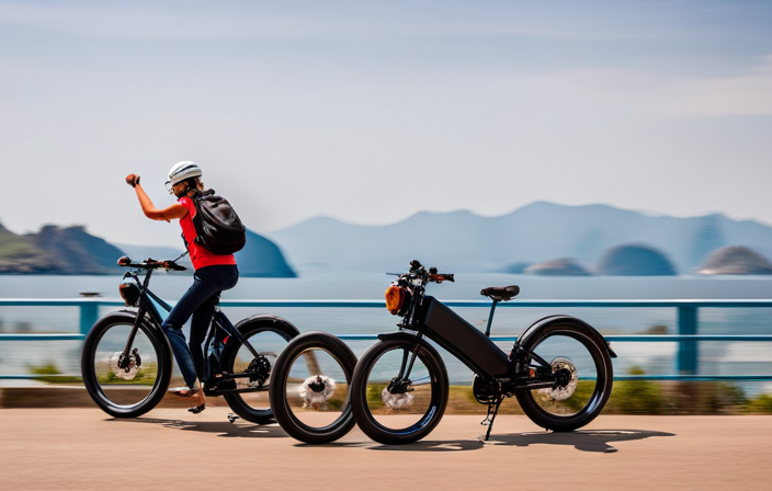 An image capturing the picturesque sight of an electric bike cruising along a sun-kissed coastal road, with distant mountains in the backdrop, showcasing the potential of an electric bike's range in a single day