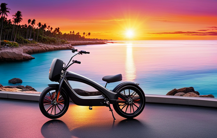 An image featuring a sleek electric bike gliding effortlessly along a winding coastal road, with the magnificent sun setting over the horizon, casting vibrant hues of orange and pink across the sky