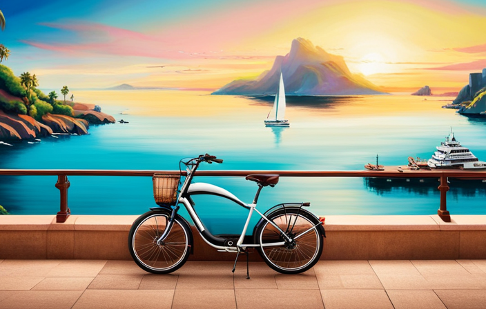 An image showcasing an electric bike gliding effortlessly along a scenic coastal road, with a battery indicator displaying a full charge, highlighting the bike's impressive range without the need for pedaling