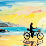 An image depicting an electric bike gliding effortlessly along a serene coastal road, its rider joyfully embracing the wind