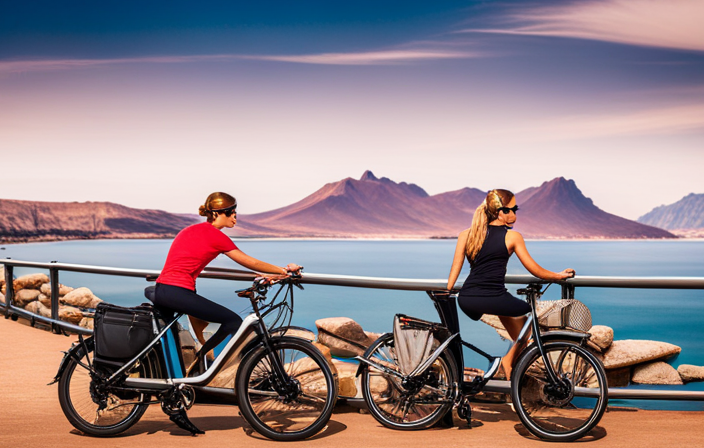 An image showcasing an electric bike effortlessly cruising along a picturesque coastline, with the rider's joyous expression highlighting the bike's impressive range