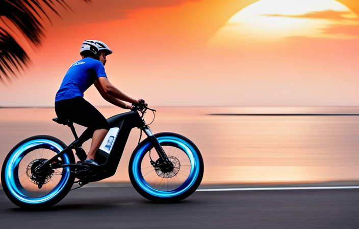 An image capturing the exhilarating speed of an electric bike as it zooms down a sun-kissed coastal road, with a blur of vibrant colors and a trail of wind indicating its rapid velocity