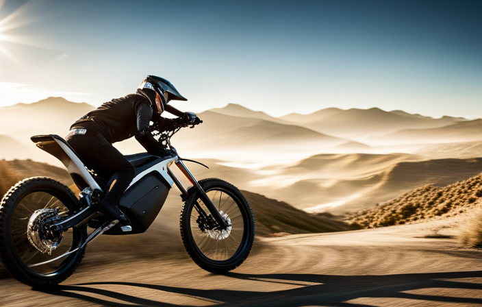 An image capturing the exhilarating speed of the Sur Ron Electric Bike as it zips through a rugged mountain trail, leaving a trail of dust in its wake, with the rider leaning into a sharp turn, showcasing the bike's agility