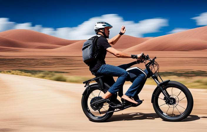 An image capturing the thrilling speed of a 1100-watt electric bike as it zooms past a picturesque countryside landscape, the wind whipping through its rider's hair, with a trail of dust and excitement left behind