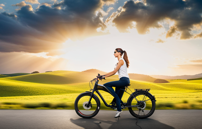 An image showcasing a sleek 36v electric bike zipping through a scenic countryside, with its rider sporting a determined expression and the wind gracefully tousling their hair