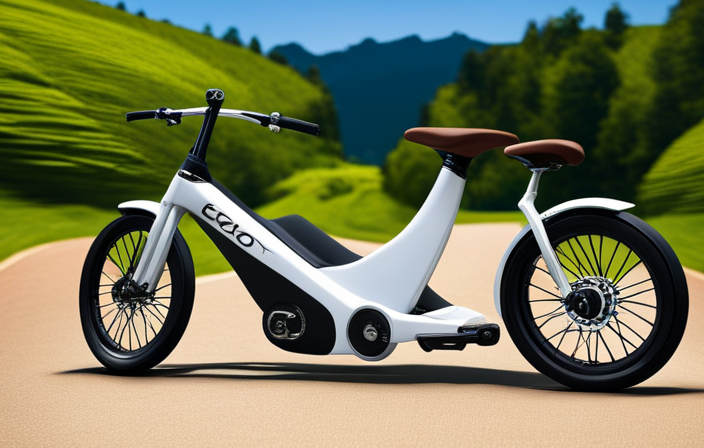 An image showcasing a sleek 200w electric bike zipping through a picturesque countryside, with vibrant green fields and a winding road disappearing into the horizon