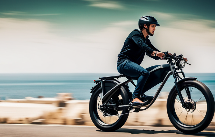 An image capturing the exhilarating speed of a 500W electric bike as it zips down a scenic coastal road, with the wind tousling the rider's hair and the bike's sleek frame blur in motion