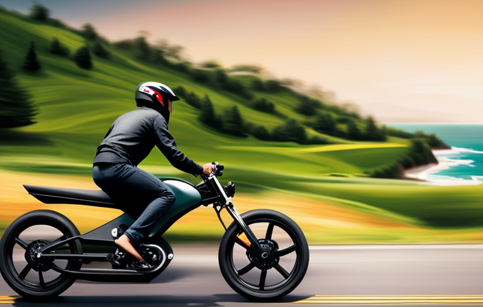 An image of an electric bike zooming down a scenic coastal road, surrounded by lush greenery and with the wind in the rider's hair